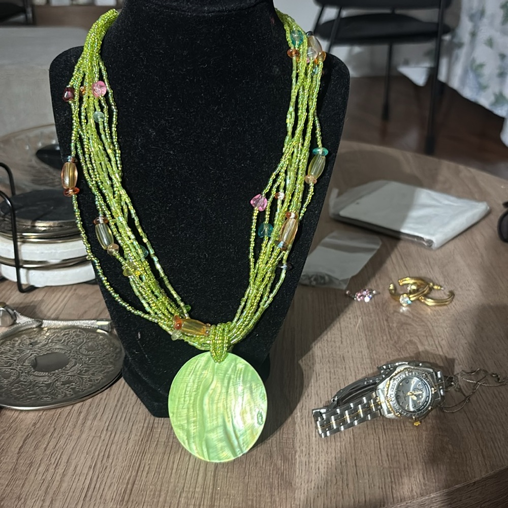 Multicolor Beaded Necklace with Green Pendant